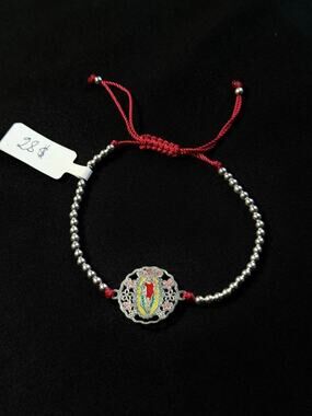 Our Lady of Guadalupe Virgin Mary Red Cord Adjustable Beaded Bracelet Silver
